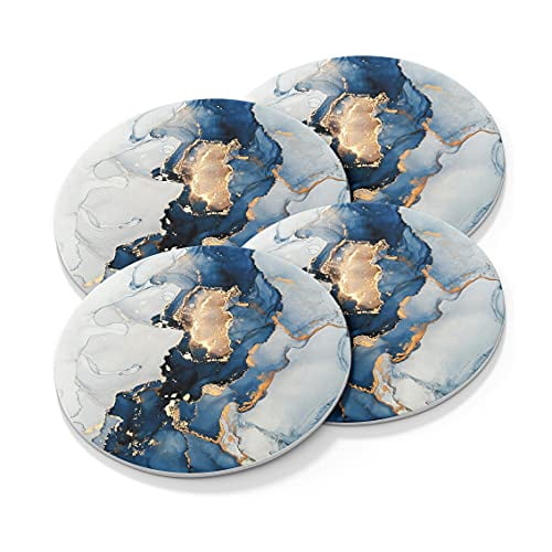 Blue and Gold Marble Coasters for Drinks,4 Pack Leather Drink Coasters Modern Abstract Art Waterproof Cups Coasters for Halloween Decor Housewarming Gifts 